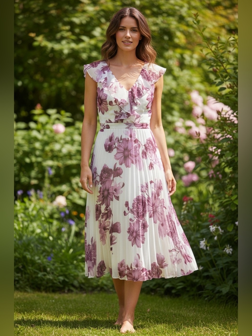 Suzy Shier Cream Midi Dress with Pink Floral Print